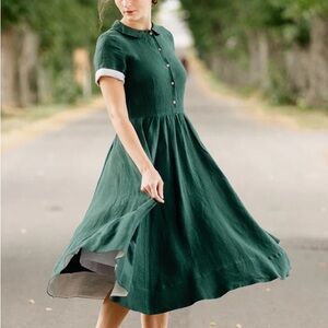Son de Flor Classic Linen Dress in “Evergreen”